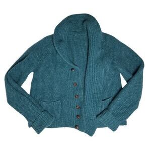 Vintage Teal Wool Cardigan Leather Buttons Large